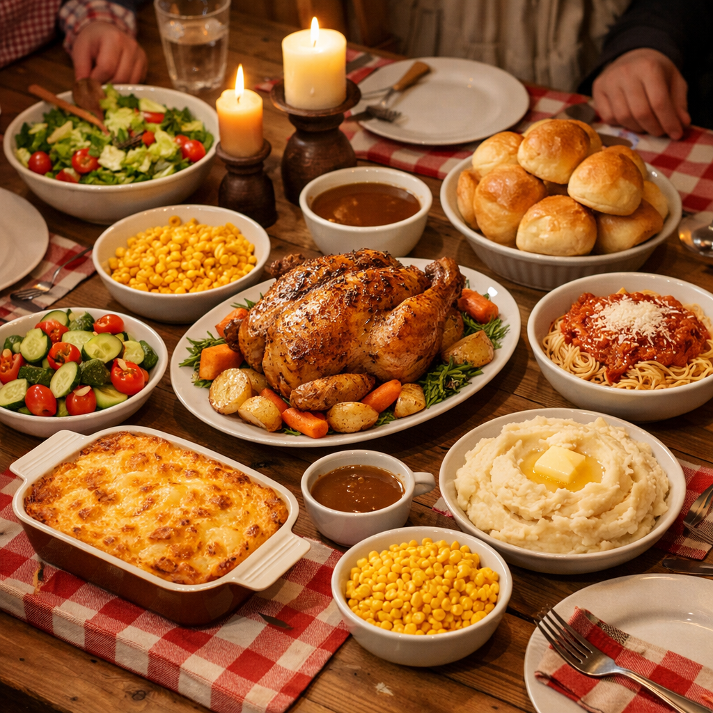 A cozy family dinner spread with simple homemade meals on a table