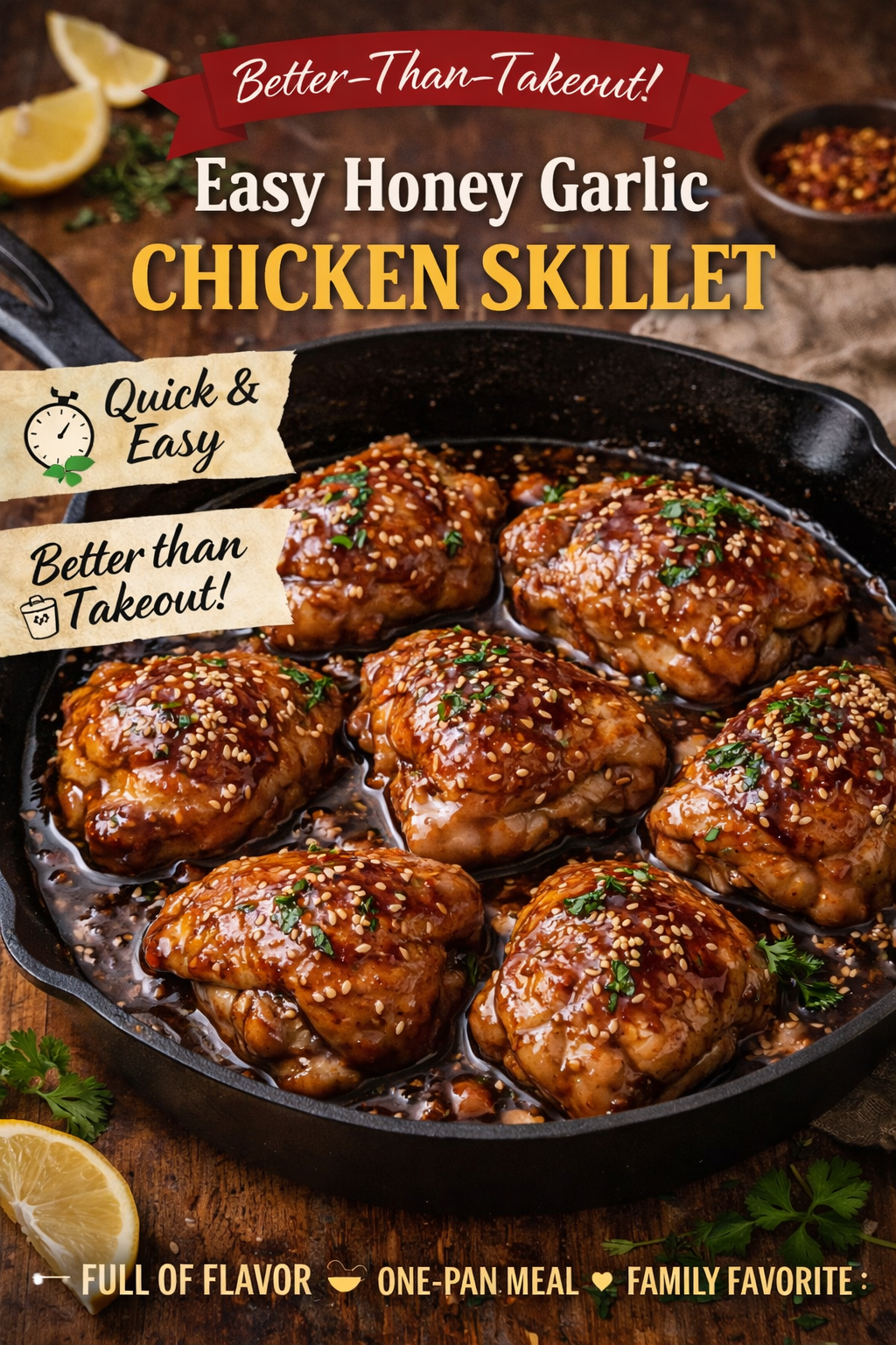 Honey garlic chicken skillet with glossy sauce