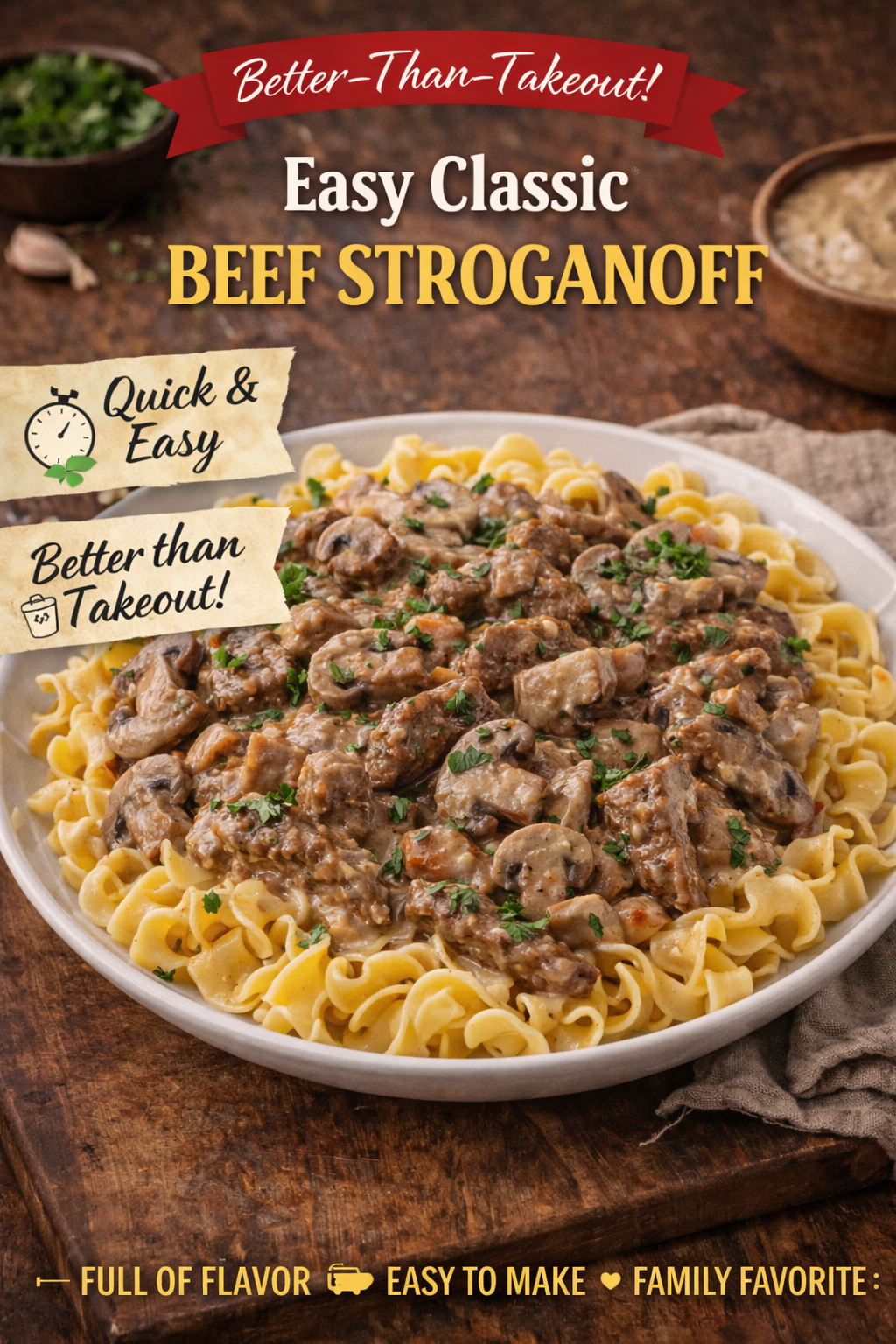 Classic beef stroganoff over egg noodles