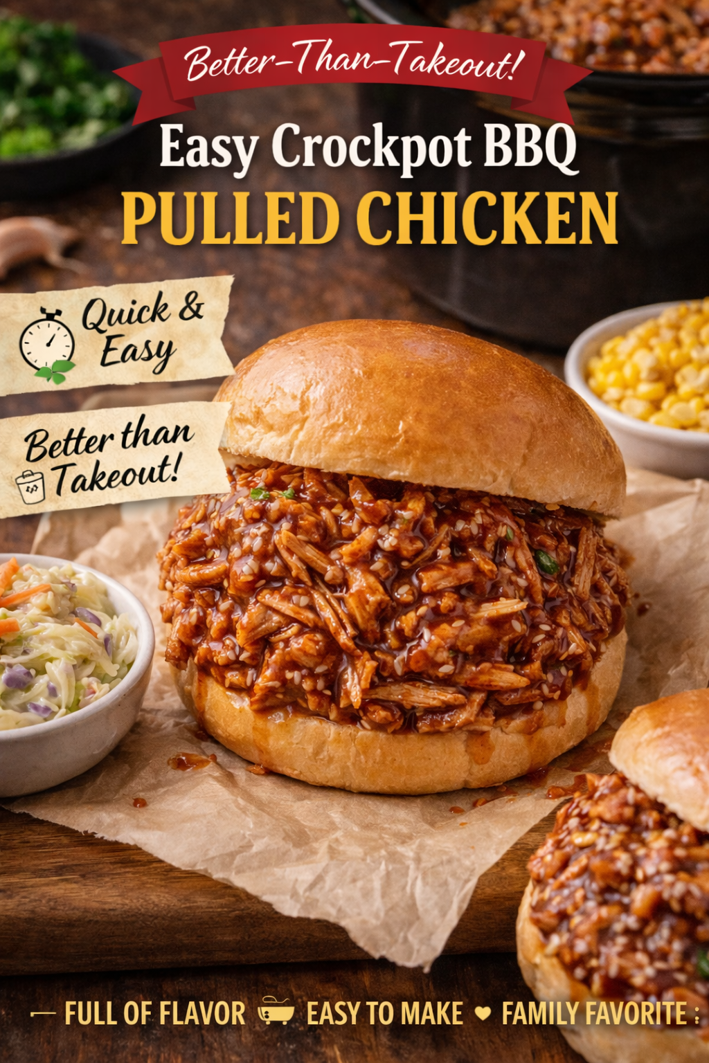 Crockpot BBQ pulled chicken on a sandwich bun