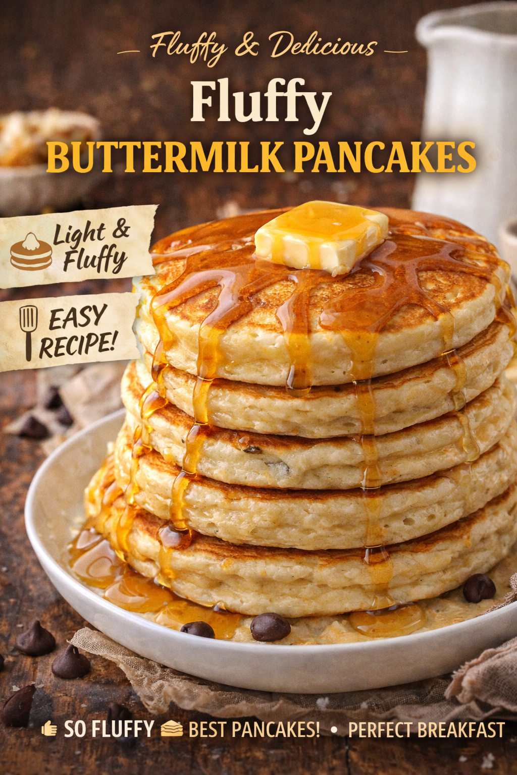 Protein pancakes stacked with berries and syrup