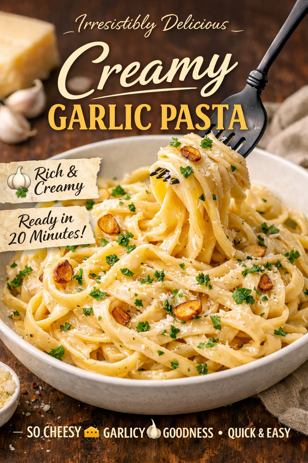 Creamy garlic parmesan pasta in a white bowl