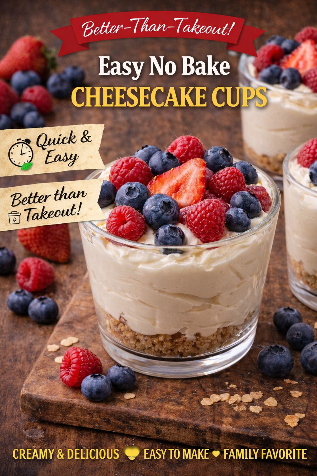 No bake cheesecake cups topped with berries