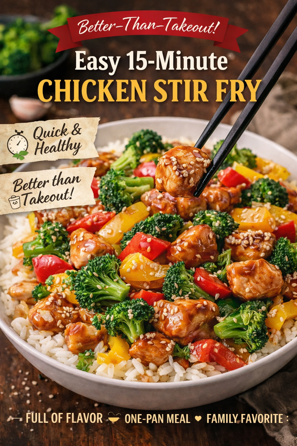 15 minute chicken stir fry with broccoli, peppers, carrots, and rice in a bowl