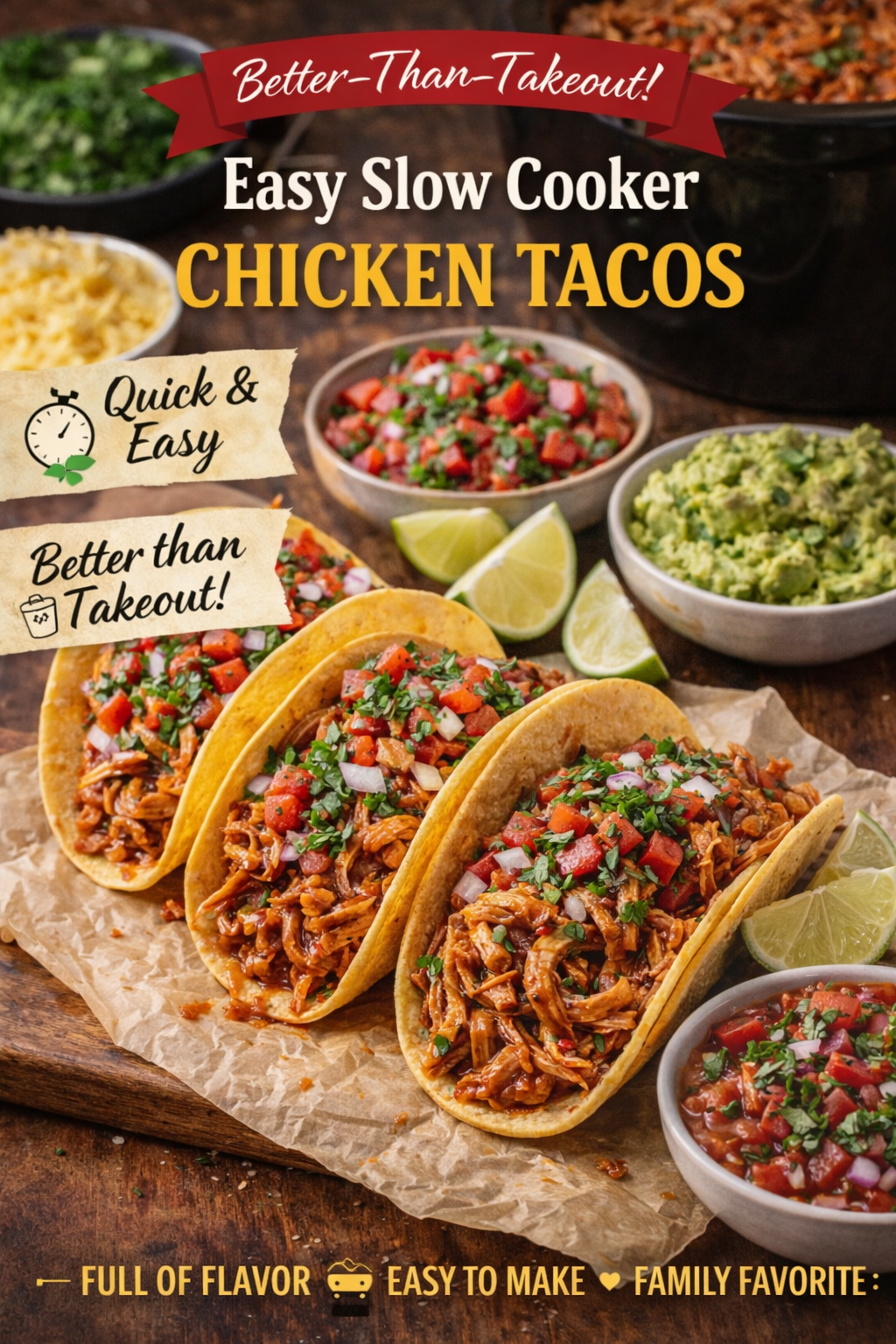 Slow cooker chicken tacos with salsa and toppings