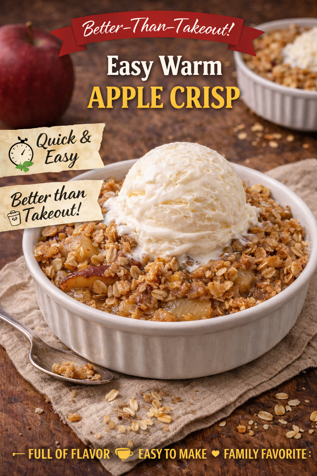 Warm apple crisp with oat topping and vanilla ice cream